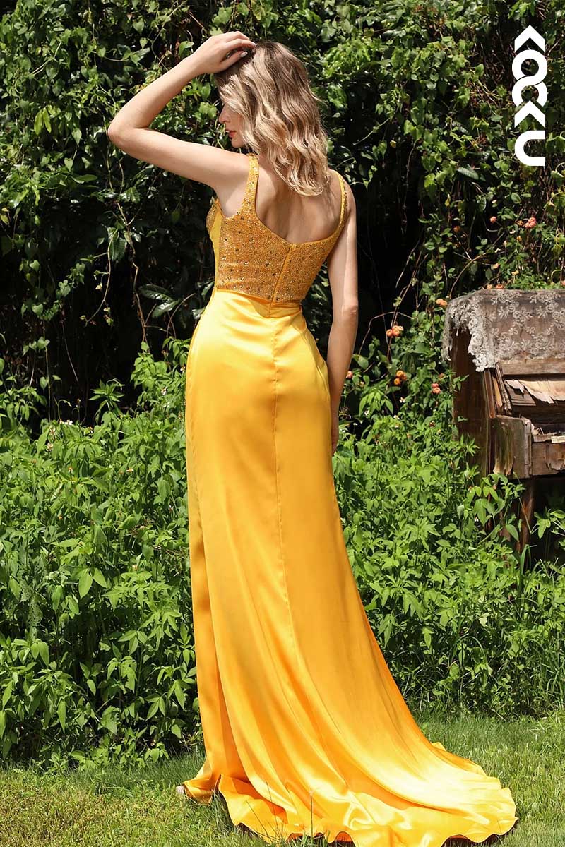 L1562 - V-Neck Sequined Beaded Sheath Long Prom Evening Gown With Slit