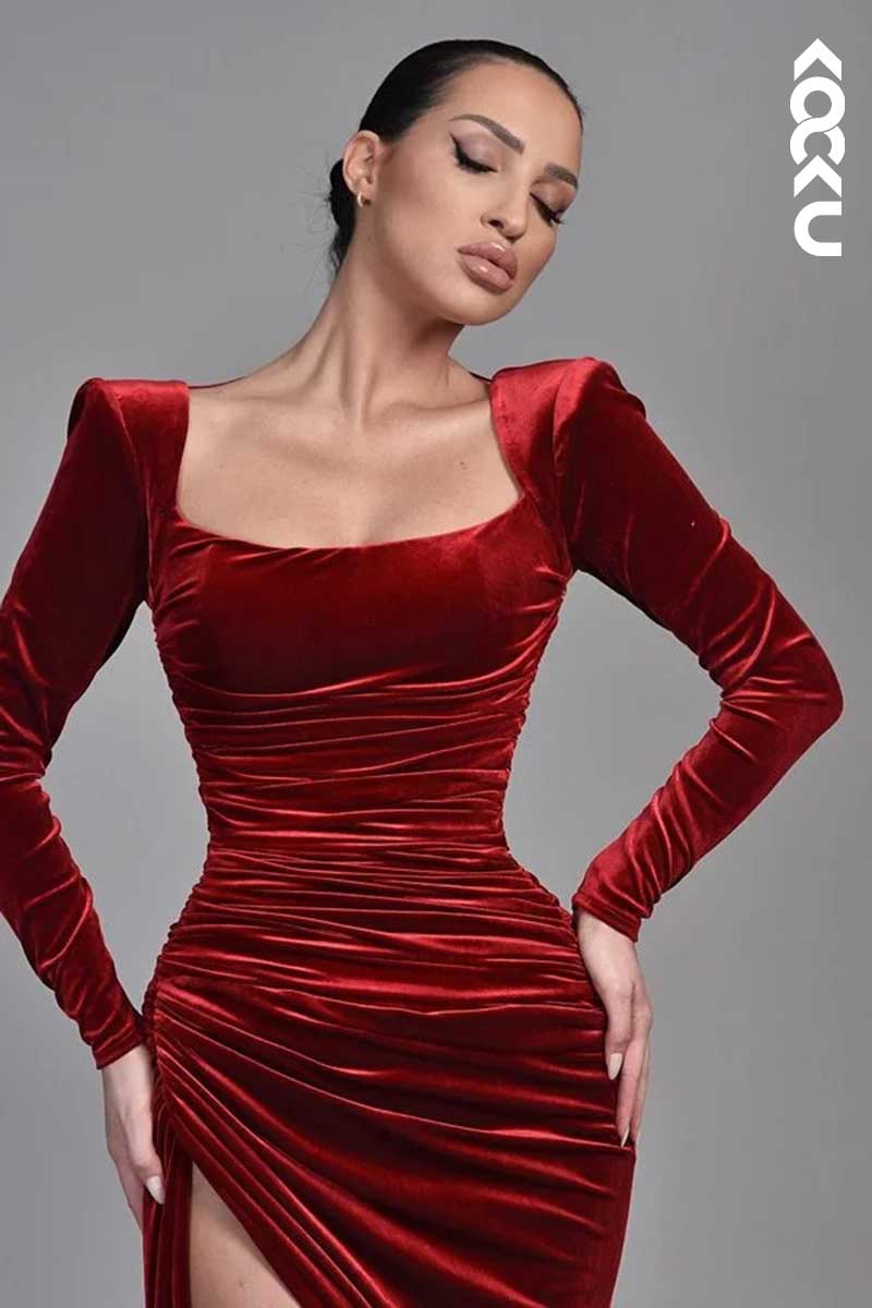 L1563 - Square Neck Long Sleeves Velvet Long Prom Evening Dress With Slit