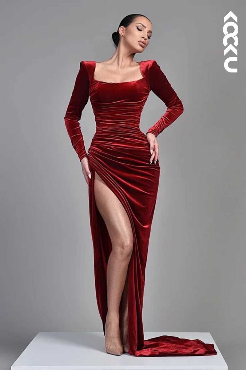 L1563 - Square Neck Long Sleeves Velvet Long Prom Evening Dress With Slit