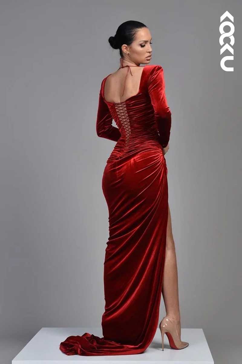 L1563 - Square Neck Long Sleeves Velvet Long Prom Evening Dress With Slit