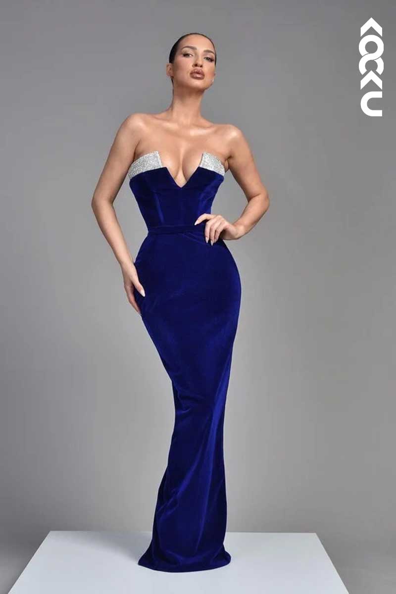 L1564 - V-Neck Strapless Sequined Sheath Long Prom Dress With Back Slit