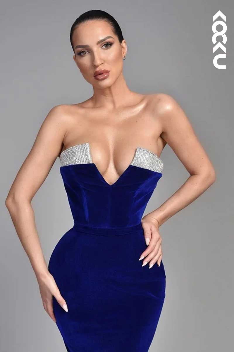 L1564 - V-Neck Strapless Sequined Sheath Long Prom Dress With Back Slit