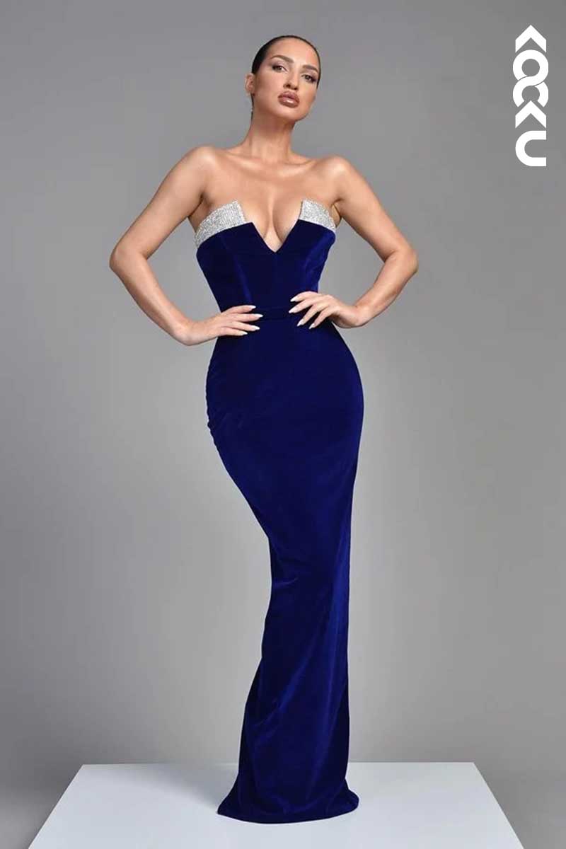 L1564 - V-Neck Strapless Sequined Sheath Long Prom Dress With Back Slit