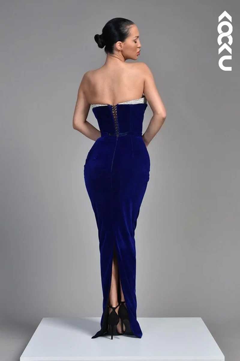 L1564 - V-Neck Strapless Sequined Sheath Long Prom Dress With Back Slit