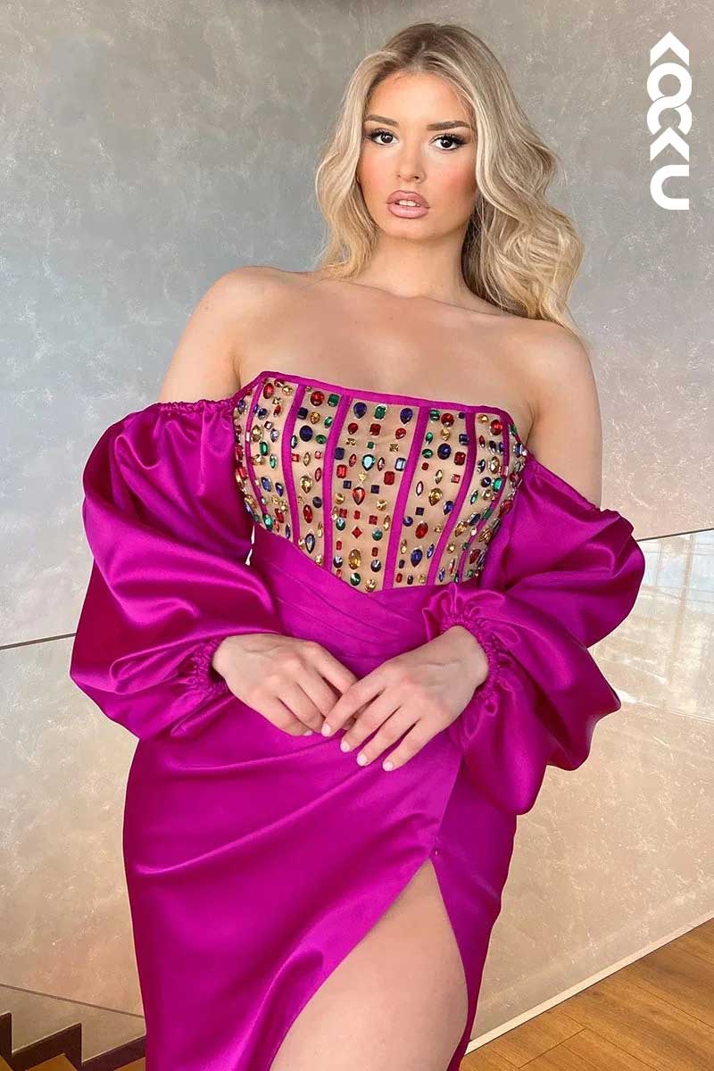 L1565 - Off-Shoulder Long Sleeves Beaded Sheer Long Prom Gown With Slit