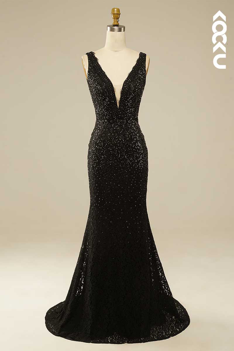 L1567 - Deep V-Neck Lace Sequins Mermaid Long Prom Evening Gown