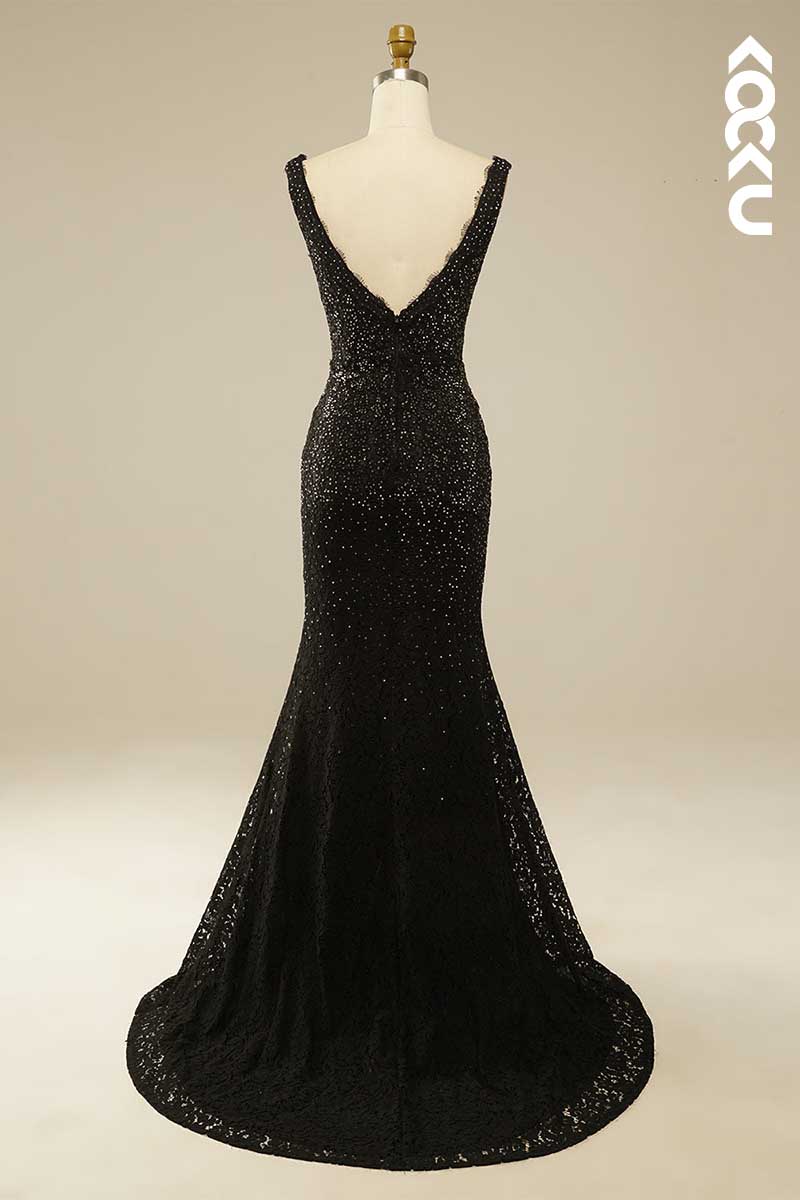 L1567 - Deep V-Neck Lace Sequins Mermaid Long Prom Evening Gown