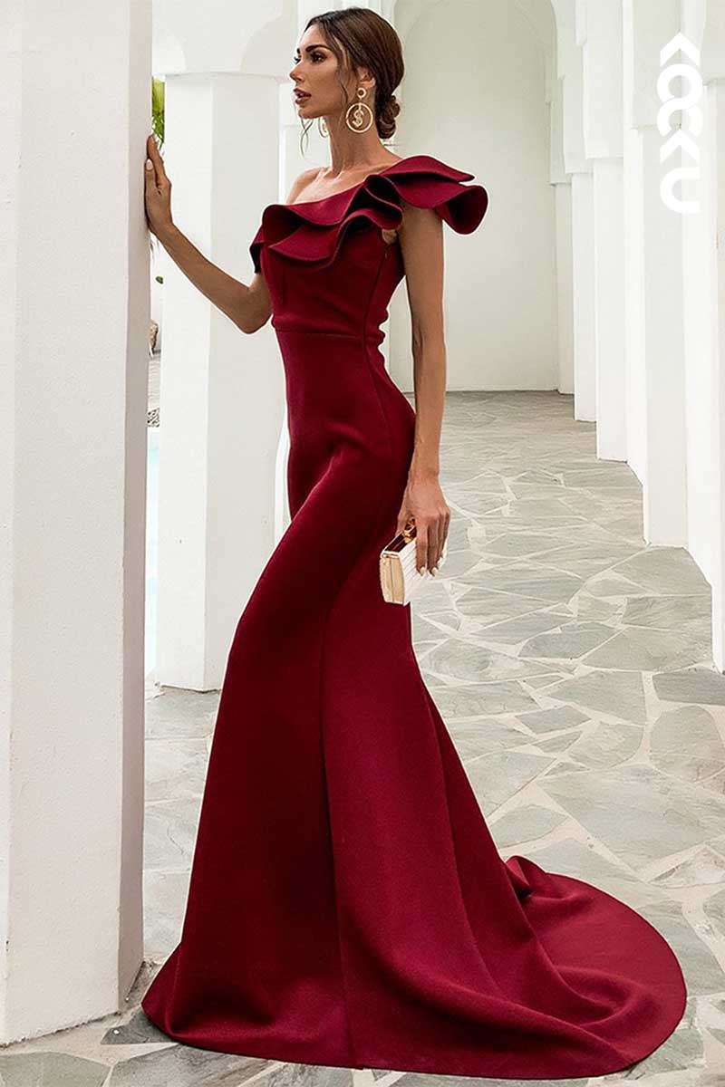 L1568 - One Shoulder Ruffles Mermaid Long Prom Gown With Sweep Train