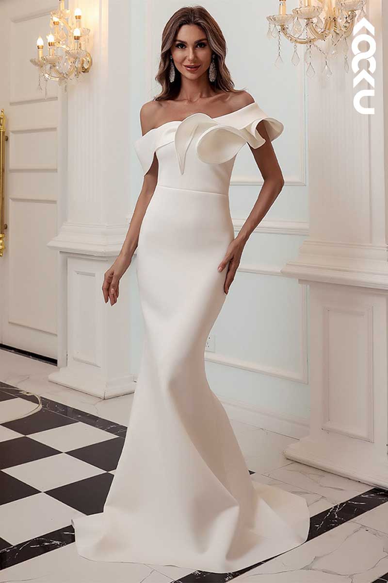 L1568 - One Shoulder Ruffles Mermaid Long Prom Gown With Sweep Train