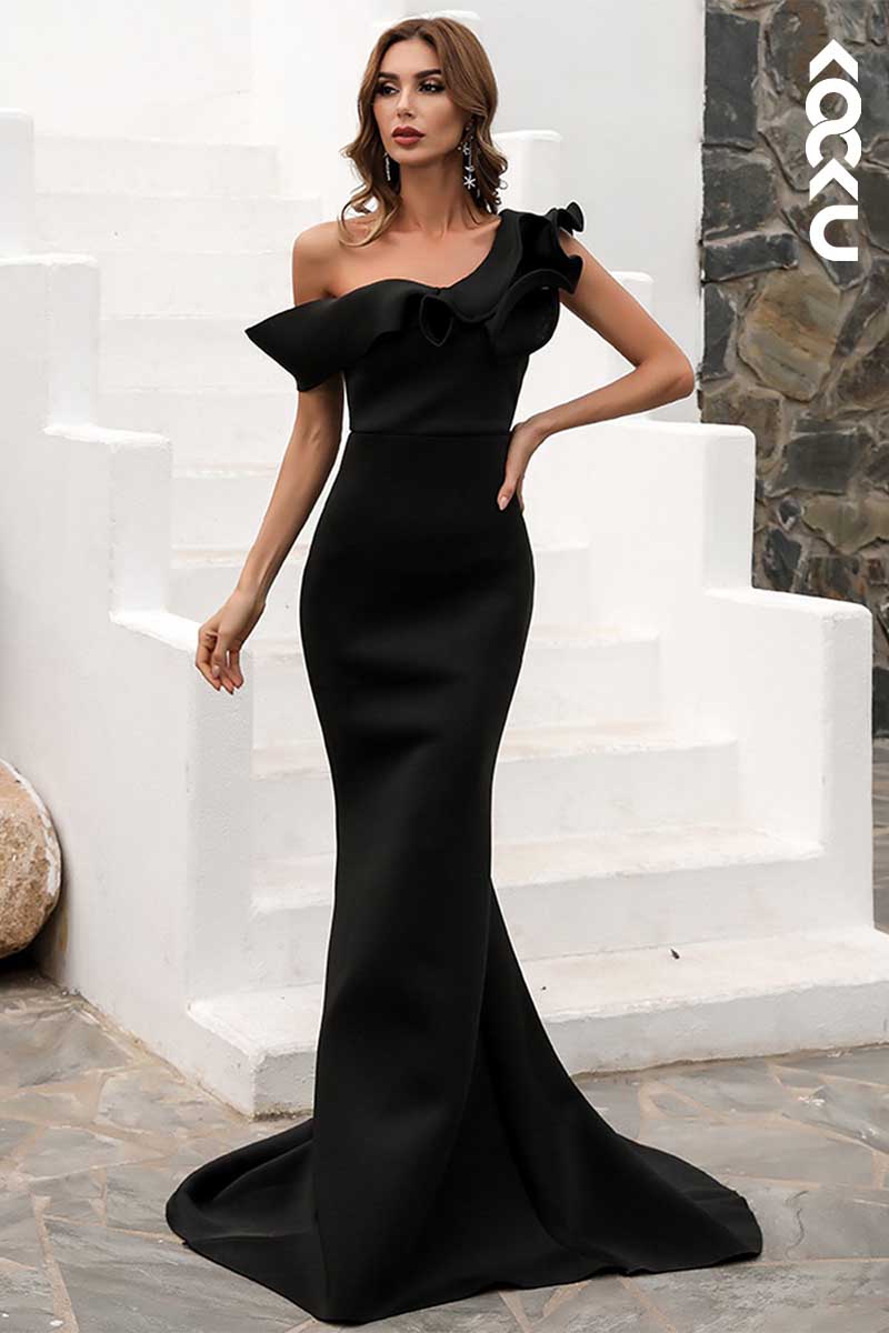 L1568 - One Shoulder Ruffles Mermaid Long Prom Gown With Sweep Train