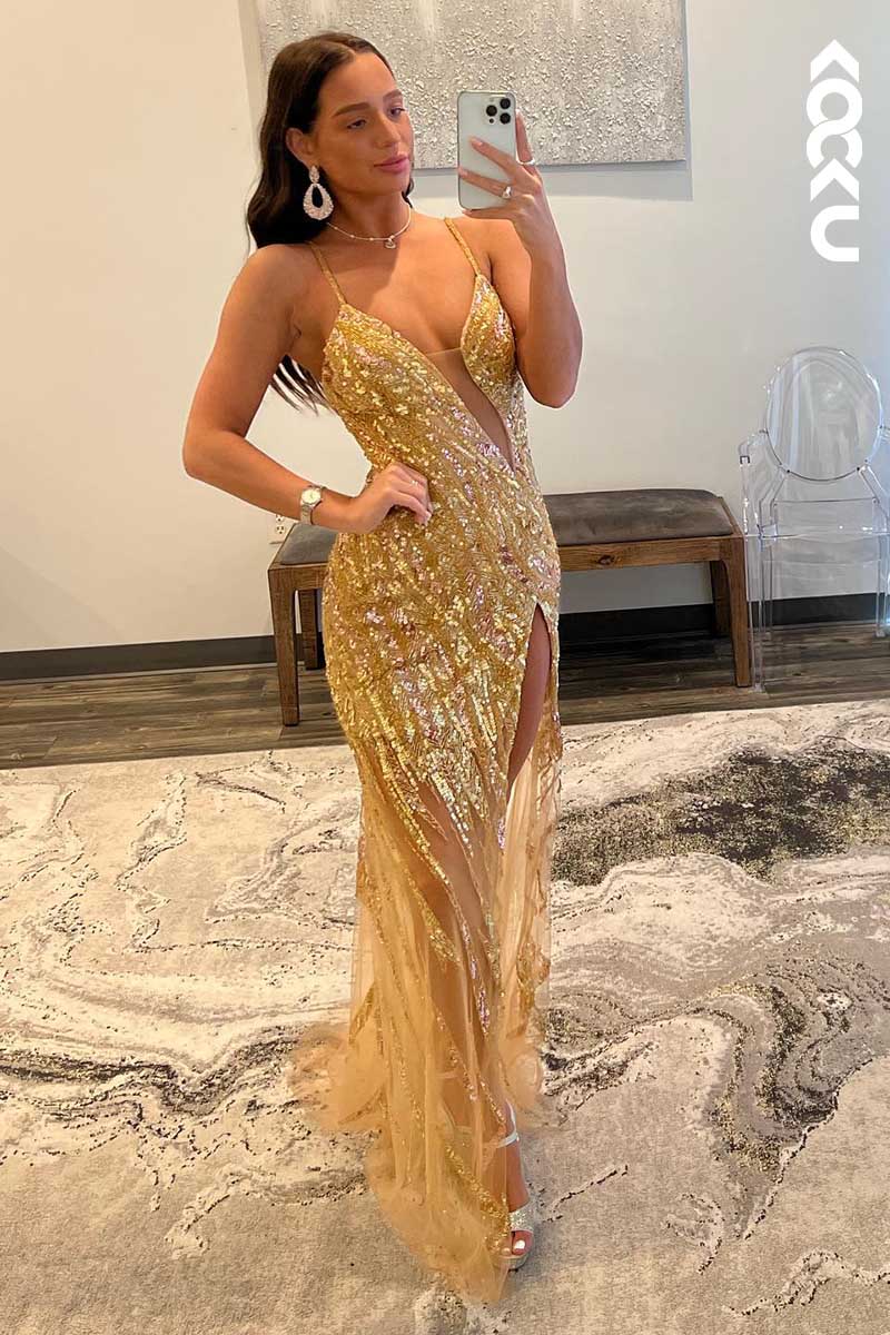 L1569 - V-Neck Cut Outs Sequined Beaded Sheath Long Prom Gown With Slit