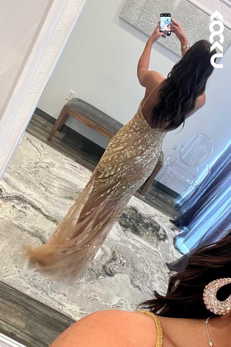 L1569 - V-Neck Cut Outs Sequined Beaded Sheath Long Prom Gown With Slit
