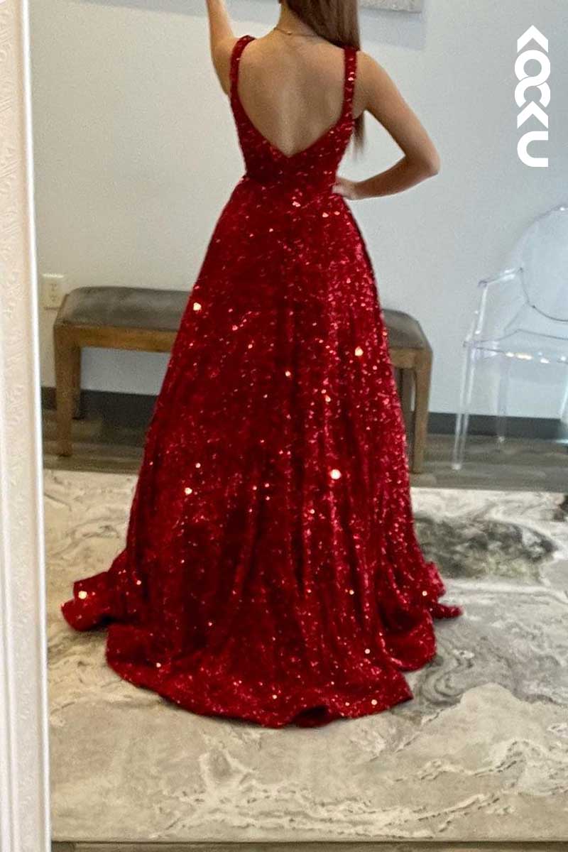 L1571 - Square Neck Sequined A-Line Long Prom Gown With Sweep Train