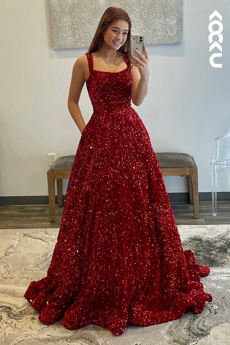 L1571 - Square Neck Sequined A-Line Long Prom Gown With Sweep Train