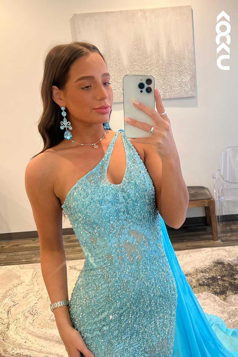 L1572 - One Shoulder Sequined Beaded Cut Outs Long Prom Gown With Slit