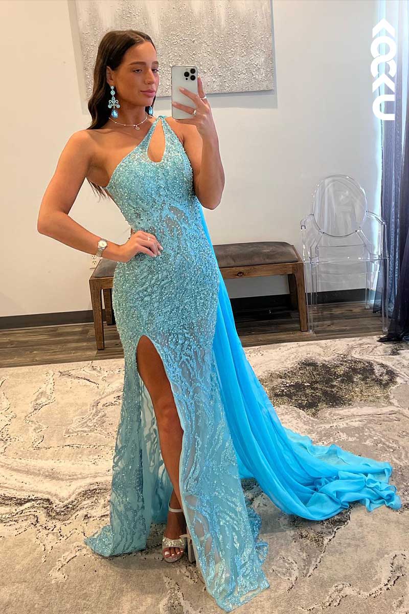L1572 - One Shoulder Sequined Beaded Cut Outs Long Prom Gown With Slit