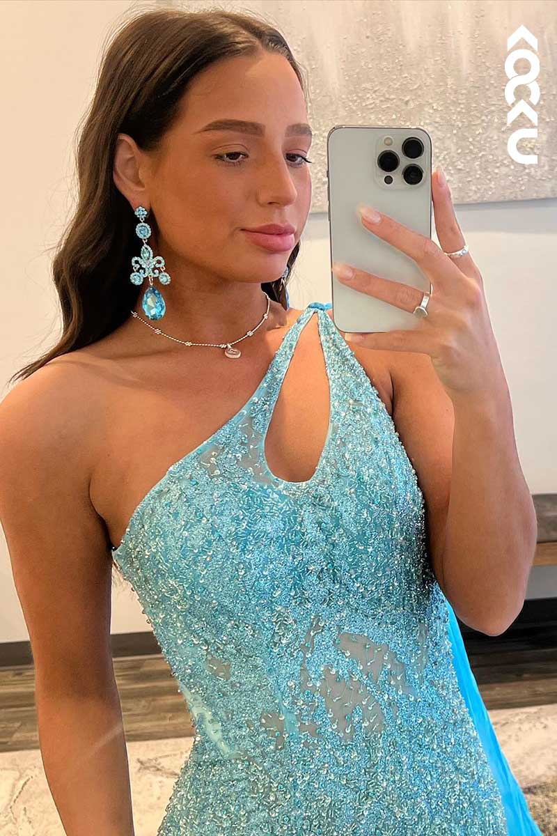L1572 - One Shoulder Sequined Beaded Cut Outs Long Prom Gown With Slit