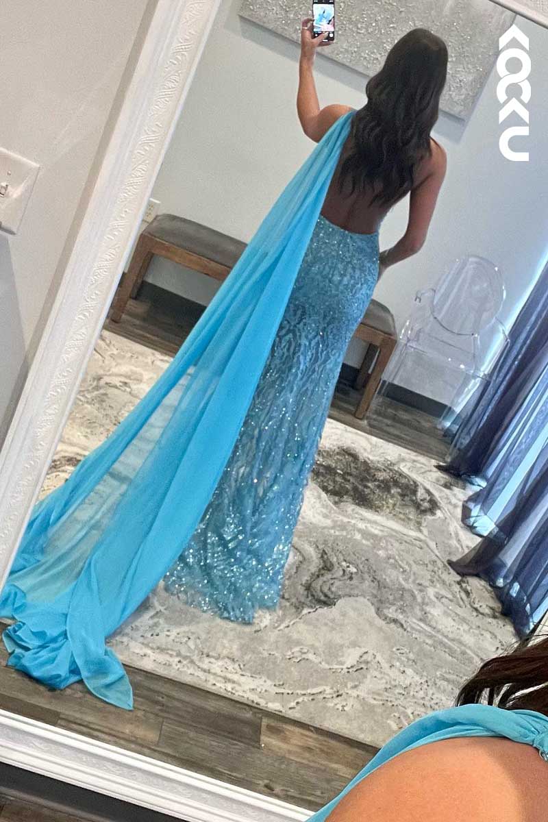 L1572 - One Shoulder Sequined Beaded Cut Outs Long Prom Gown With Slit