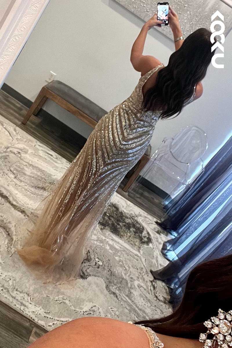 L1573 - Deep V-Neck Sequined Beaded Thigh Slit Sheath Long Prom Gown