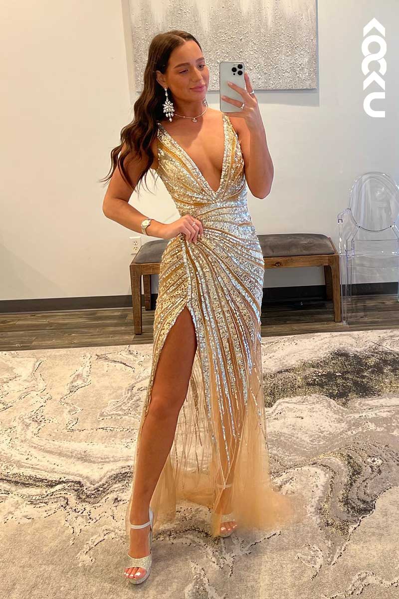 L1573 - Deep V-Neck Sequined Beaded Thigh Slit Sheath Long Prom Gown