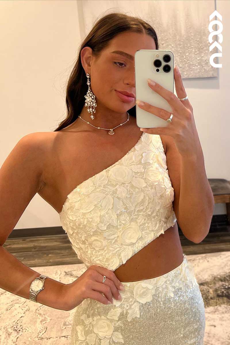L1574 - One Shoulder Sequined Appliqued Cut Outs Sheath Long Prom Gown