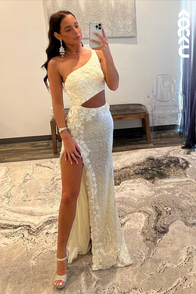 L1574 - One Shoulder Sequined Appliqued Cut Outs Sheath Long Prom Gown