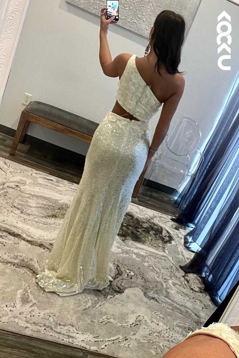 L1574 - One Shoulder Sequined Appliqued Cut Outs Sheath Long Prom Gown