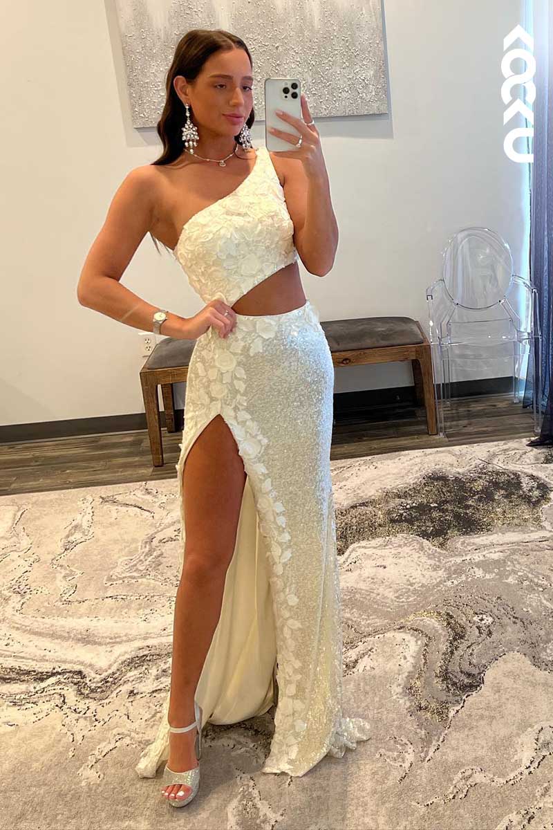 L1574 - One Shoulder Sequined Appliqued Cut Outs Sheath Long Prom Gown