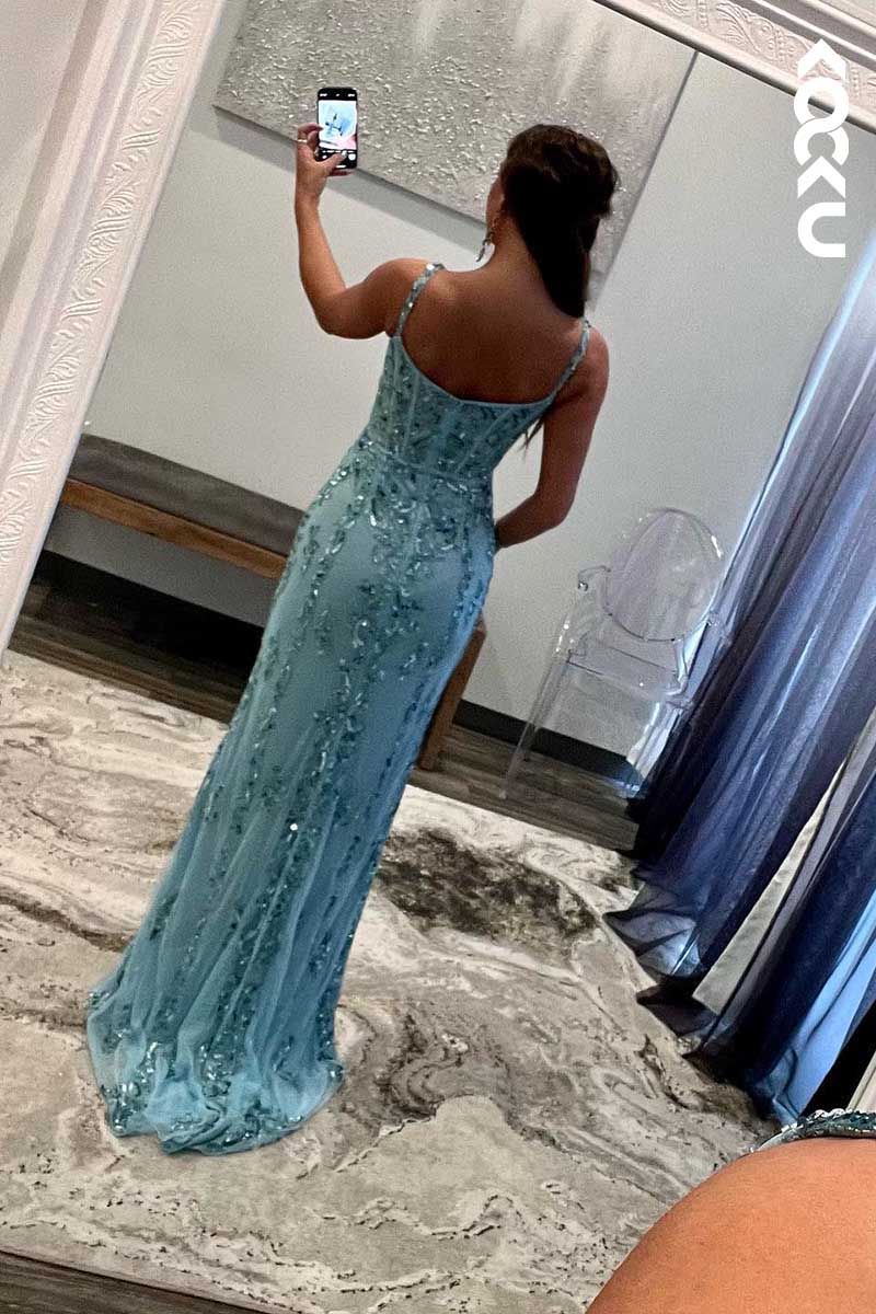 L1576 - Spaghetti Straps Sequined Appliqued Sheath Long Prom Gown With Slit
