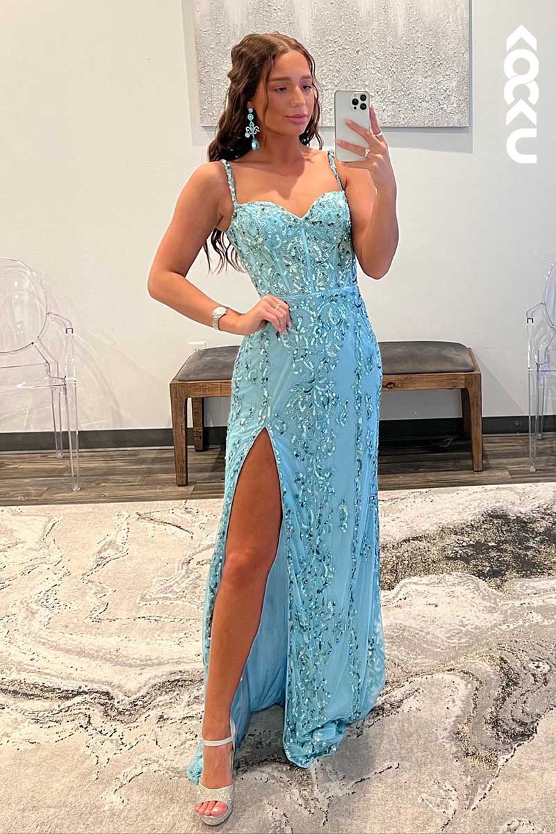 L1576 - Spaghetti Straps Sequined Appliqued Sheath Long Prom Gown With Slit