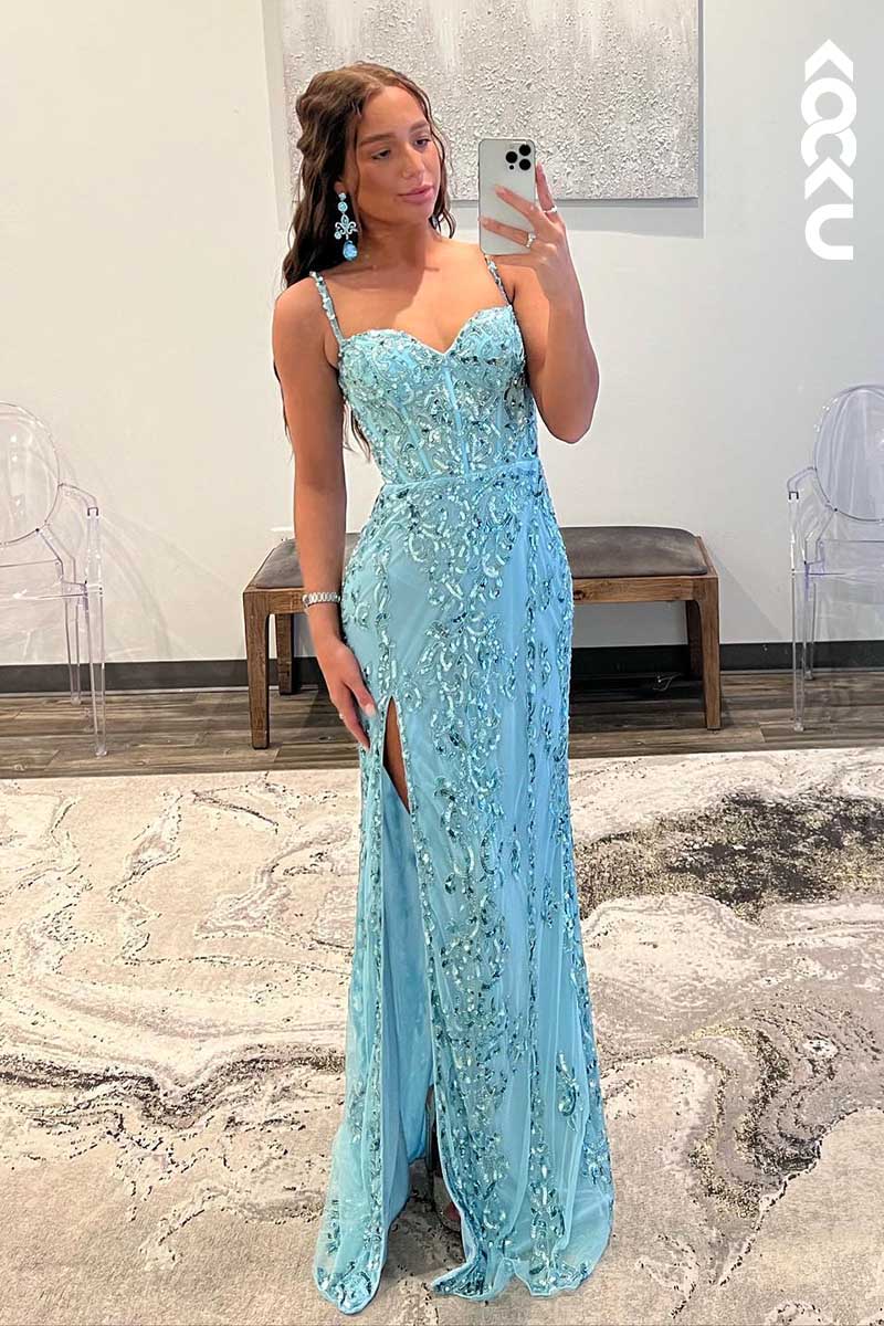 L1576 - Spaghetti Straps Sequined Appliqued Sheath Long Prom Gown With Slit
