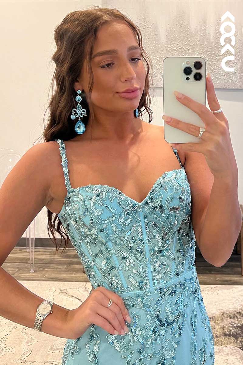 L1576 - Spaghetti Straps Sequined Appliqued Sheath Long Prom Gown With Slit