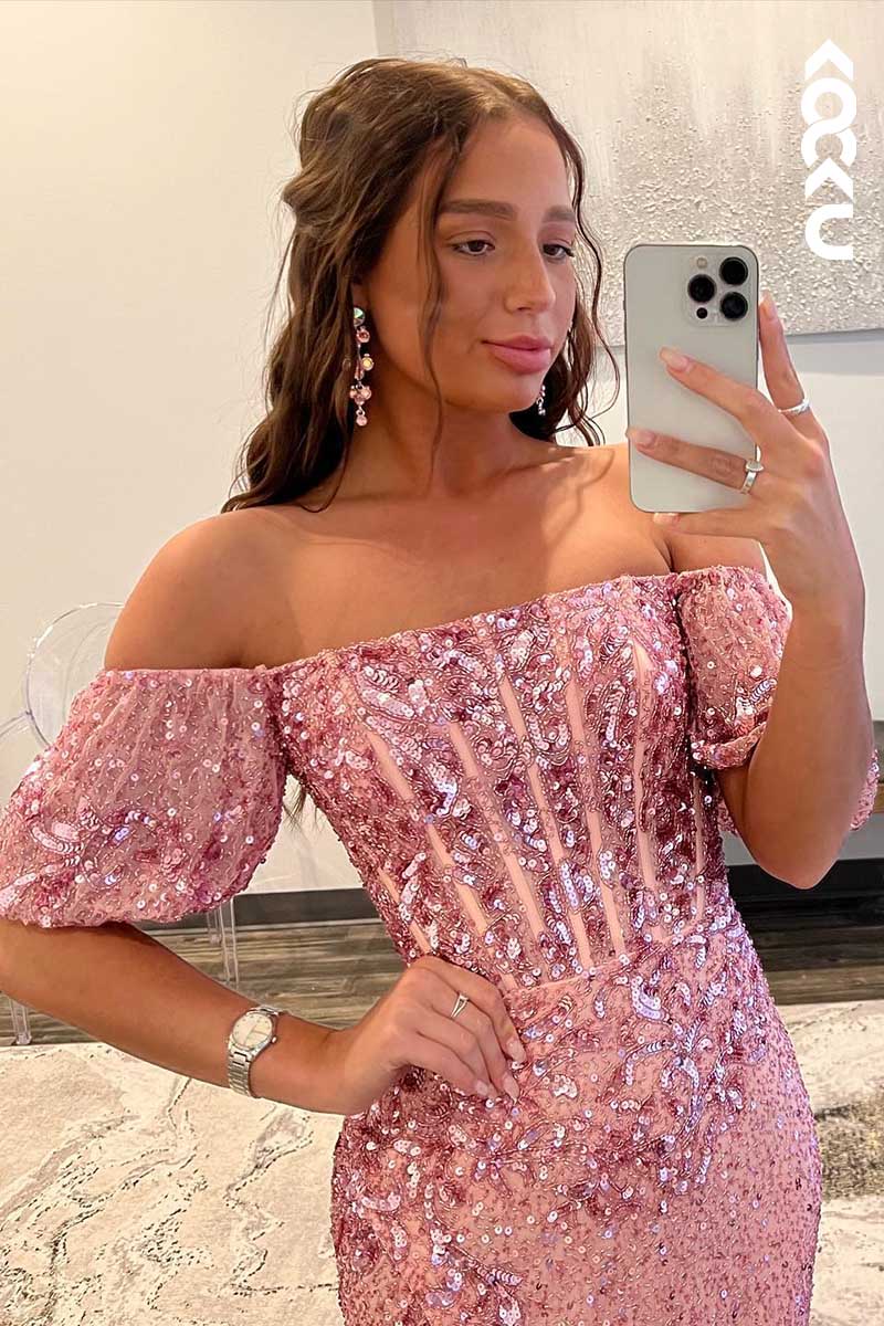 L1577 - Off-Shoulder Short Puff Sleeves Sequined Appliqued Long Prom Gown