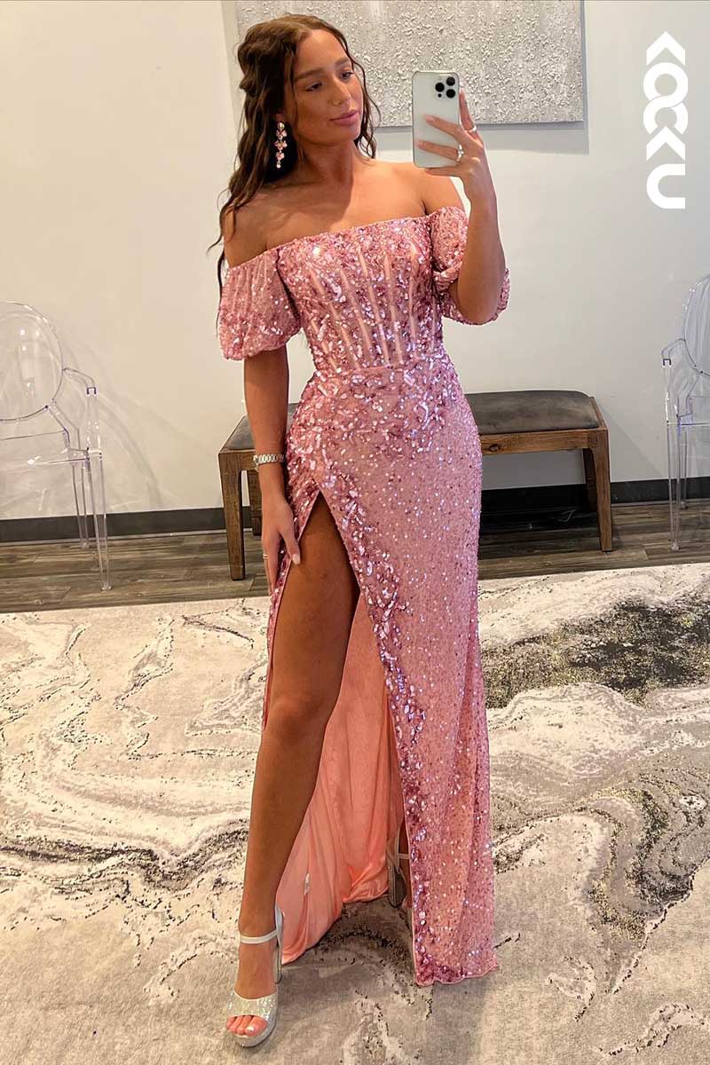 L1577 - Off-Shoulder Short Puff Sleeves Sequined Appliqued Long Prom Gown