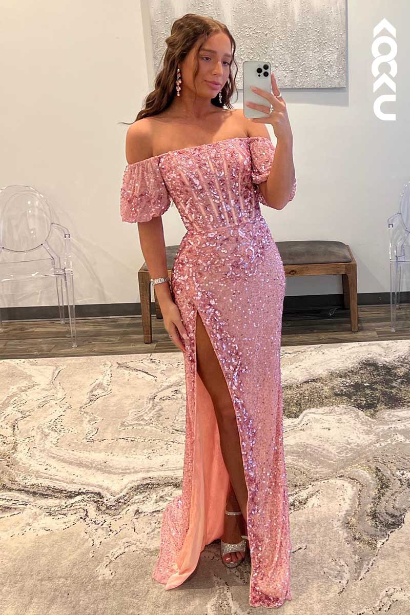L1577 - Off-Shoulder Short Puff Sleeves Sequined Appliqued Long Prom Gown