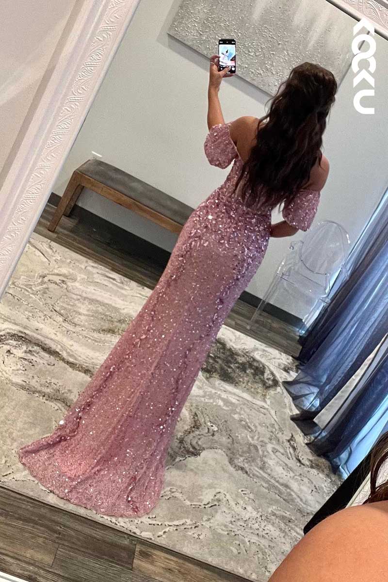 L1577 - Off-Shoulder Short Puff Sleeves Sequined Appliqued Long Prom Gown