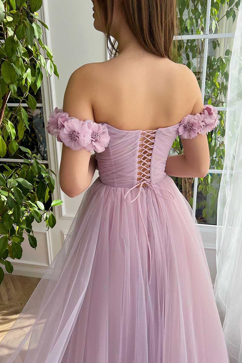 L1578 - Off- Shoulder Ruched A-Line Tulle Long Prom Gown With Sweep Train