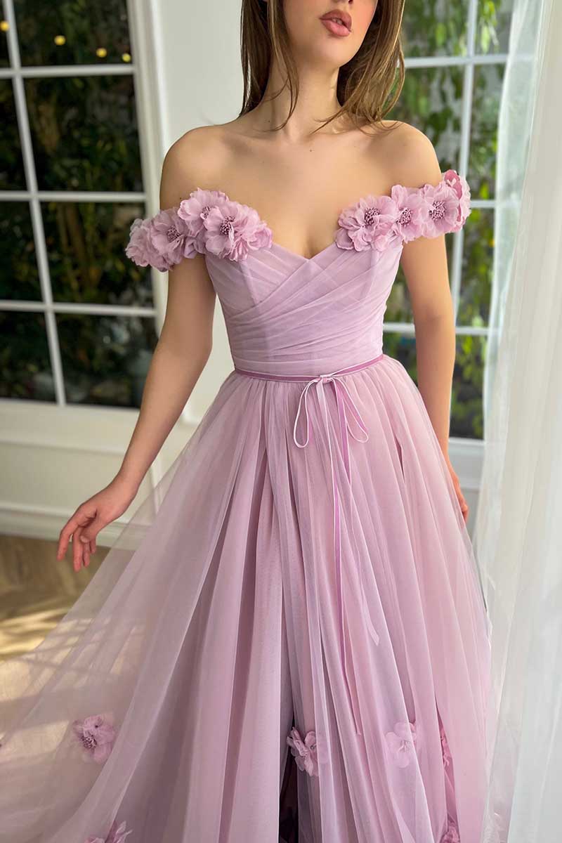 L1578 - Off- Shoulder Ruched A-Line Tulle Long Prom Gown With Sweep Train