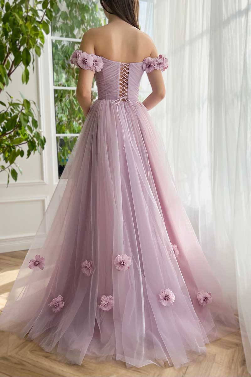 L1578 - Off- Shoulder Ruched A-Line Tulle Long Prom Gown With Sweep Train