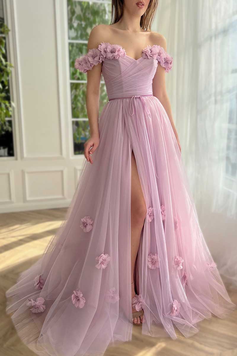 L1578 - Off- Shoulder Ruched A-Line Tulle Long Prom Gown With Sweep Train