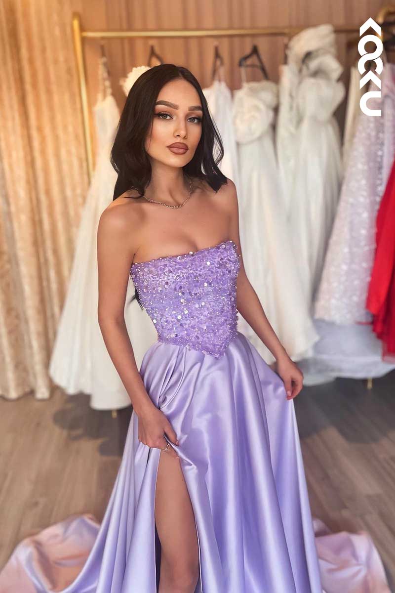 L1579 - Strapless Sequined Beaded A-Line Long Prom Evening Gown With Slit