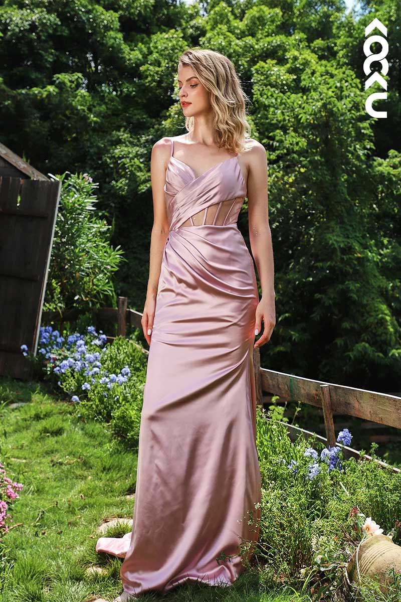 L1584 - V-Neck Spaghetti Straps Sheer Sheath Long Prom Evening Gown