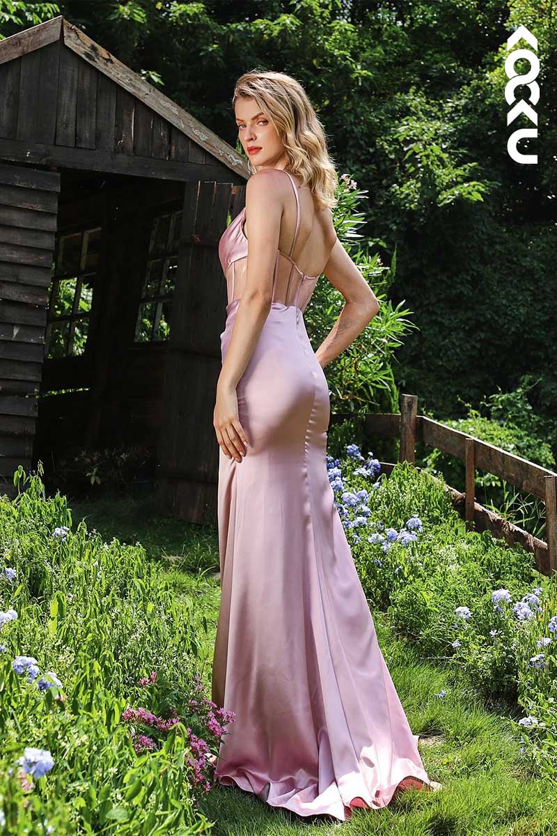 L1584 - V-Neck Spaghetti Straps Sheer Sheath Long Prom Evening Gown