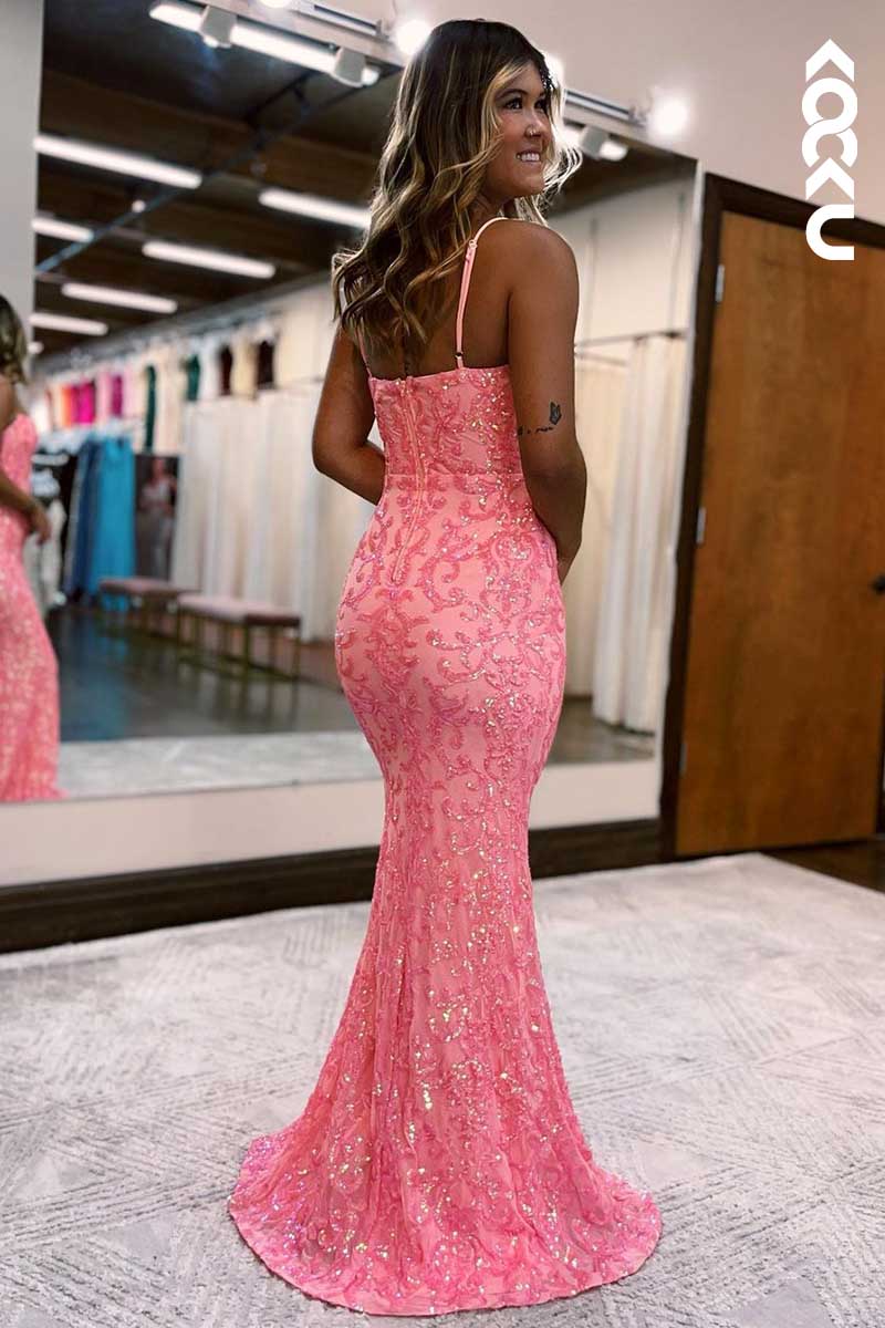 L1589 - Spaghetti Straps Sequins Appliqued Sheath Long Prom Gown