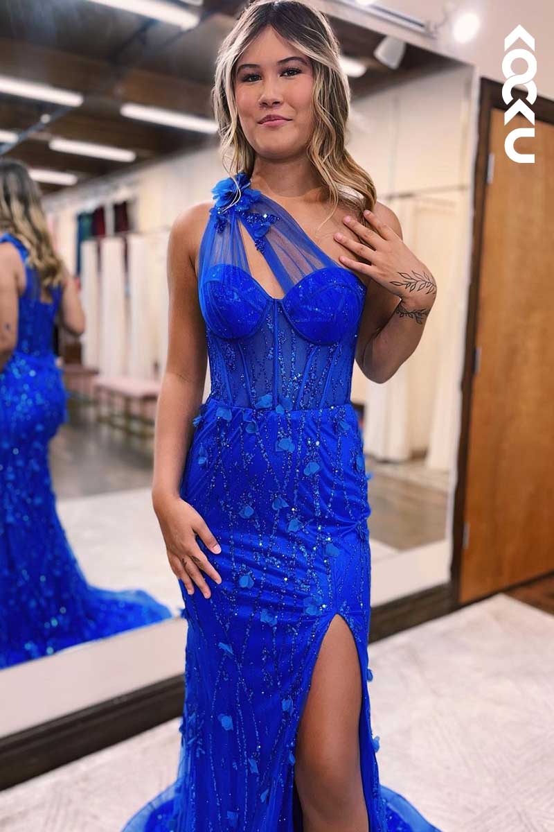 L1590 - One Shoulder Appliqued Beaded Tulle Sheath Long Prom Gown With Slit
