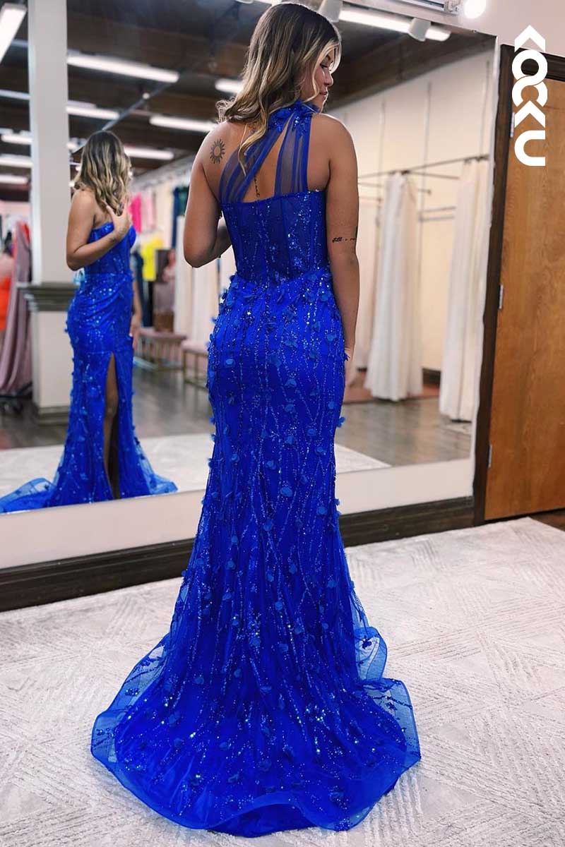 L1590 - One Shoulder Appliqued Beaded Tulle Sheath Long Prom Gown With Slit