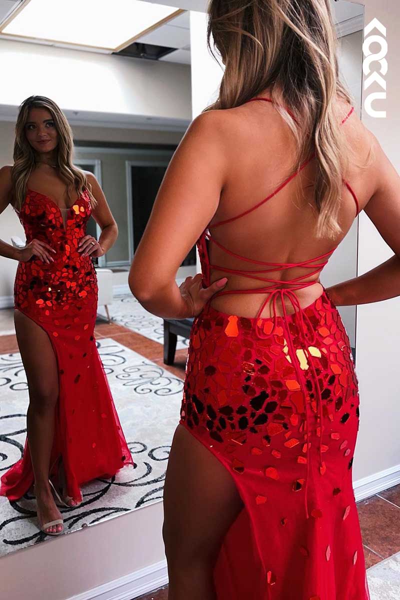 L1592 - Deep V-Neck Sequins Lace-Up Sheath Long Prom Gown With Slit