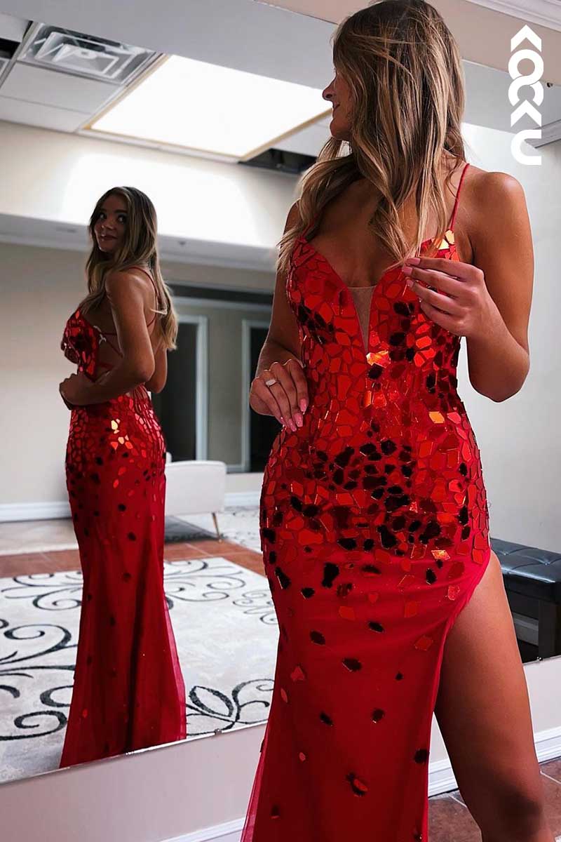 L1592 - Deep V-Neck Sequins Lace-Up Sheath Long Prom Gown With Slit