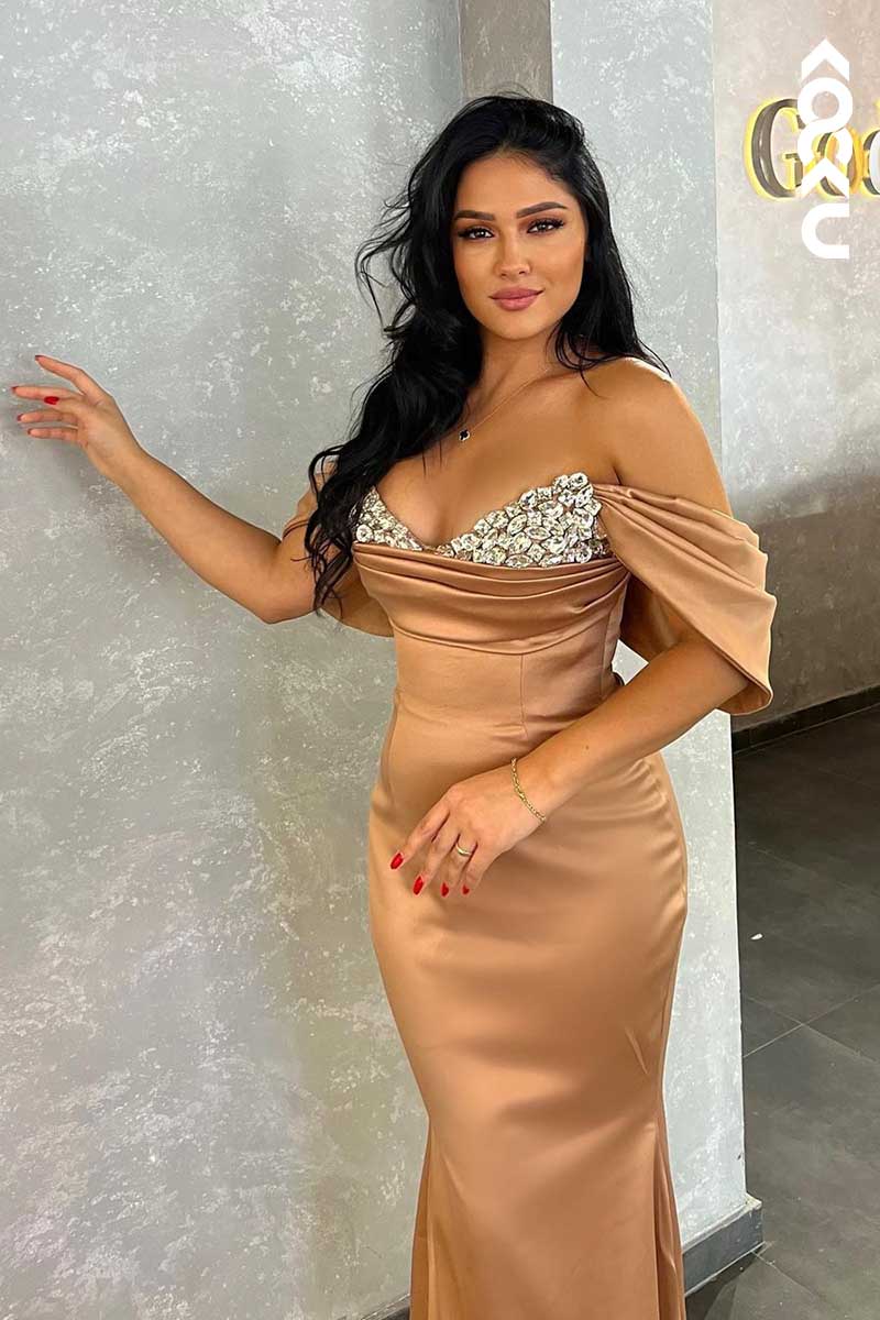 L1596 - V-Neck Off-Shoulder Beaded Sheath Long Prom Gown With Sweep Train