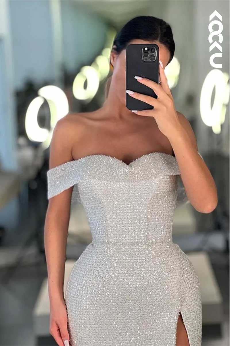 L1599 - Off-Shoulder Sparkly Thigh Slit Sheath Long Prom Gown With Sweep Train